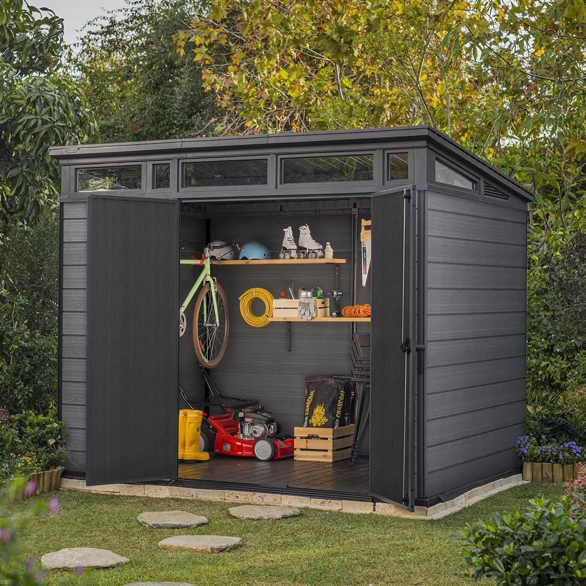 Keter 9x 7 Cortina Heavy Duty Plastic Pent Shed – Dark Grey - Image 2