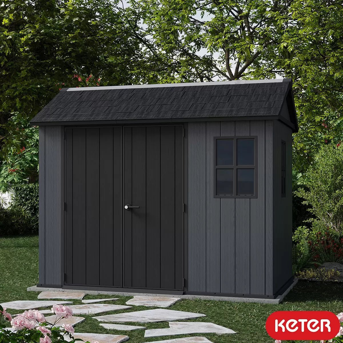 Keter 9x7.5 Newton Plus Side Entry Plastic Shed – Dark Grey - Image 2